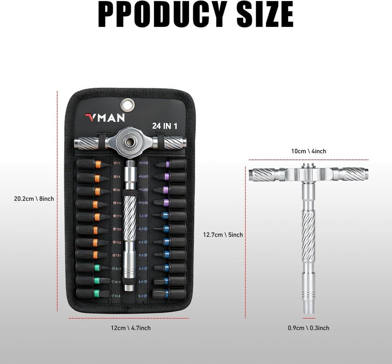 VMAN Ratchet Magnetic Screwdriver Set, 24 in 1 S2 Steel Bits and Head-tail Drive T-Handle, DIY Combination Flexible Shaft for Furniture Assembly, Electrical Appliance Repair, Bicycle Tools - Image 3